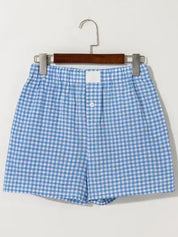 Gingham Print Shorts High Waist Elastic Casual Summer