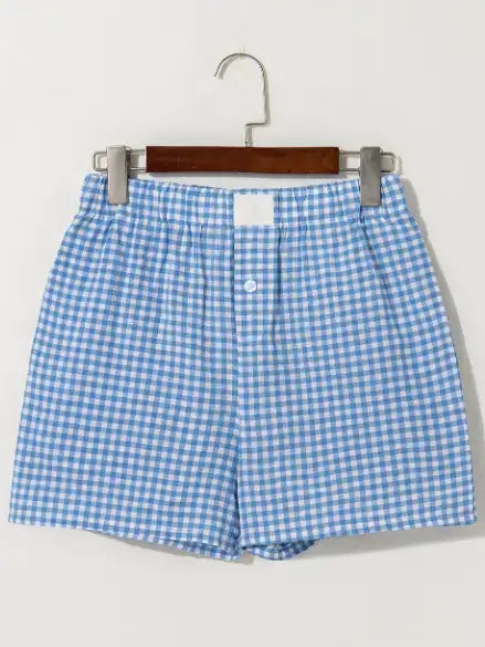 Gingham Print Shorts High Waist Elastic Casual Summer
