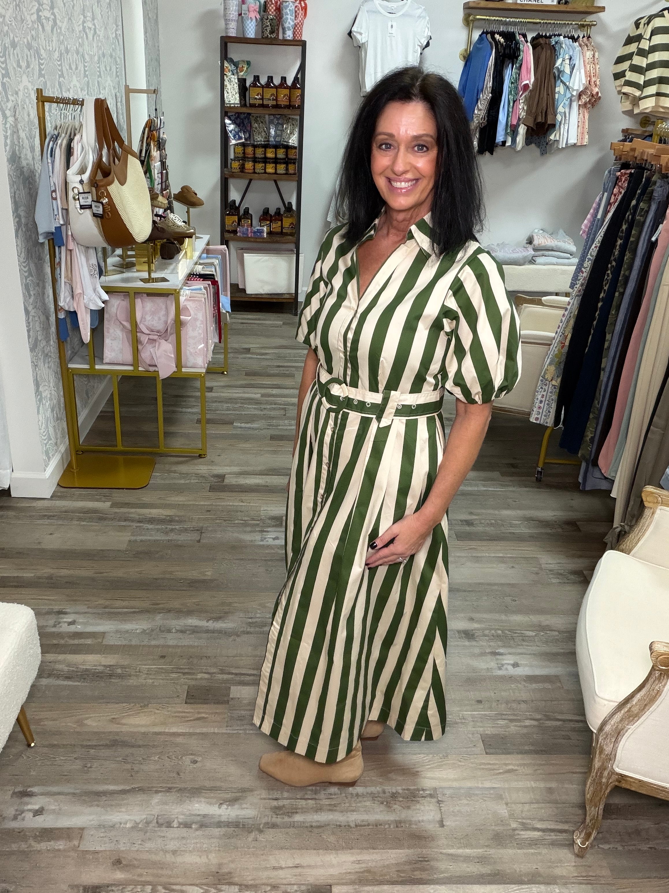 Green & Cream Striped Belted Midi Dress