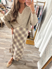 Ecru/blue plaid midi skirt