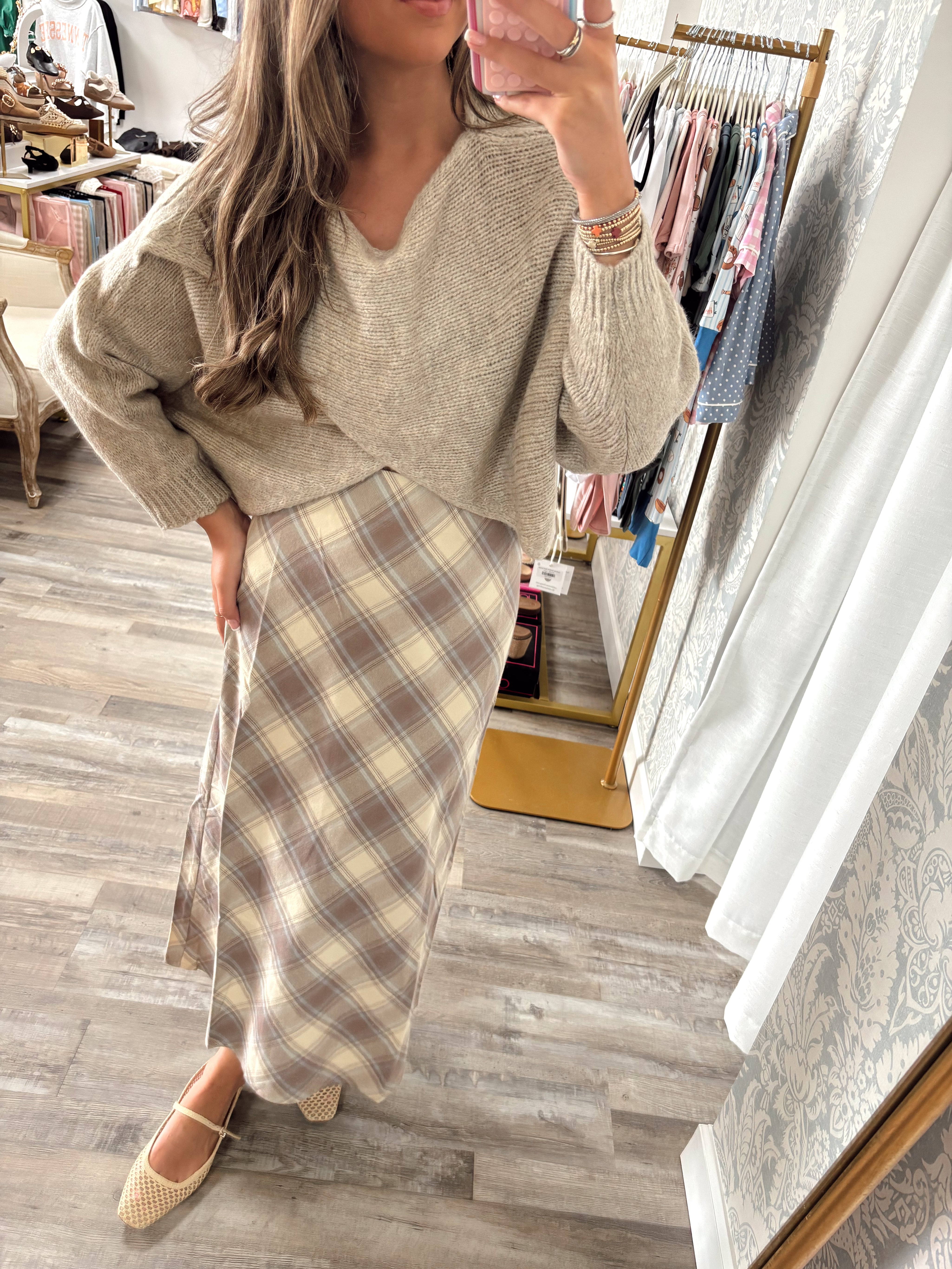 Ecru/blue plaid midi skirt