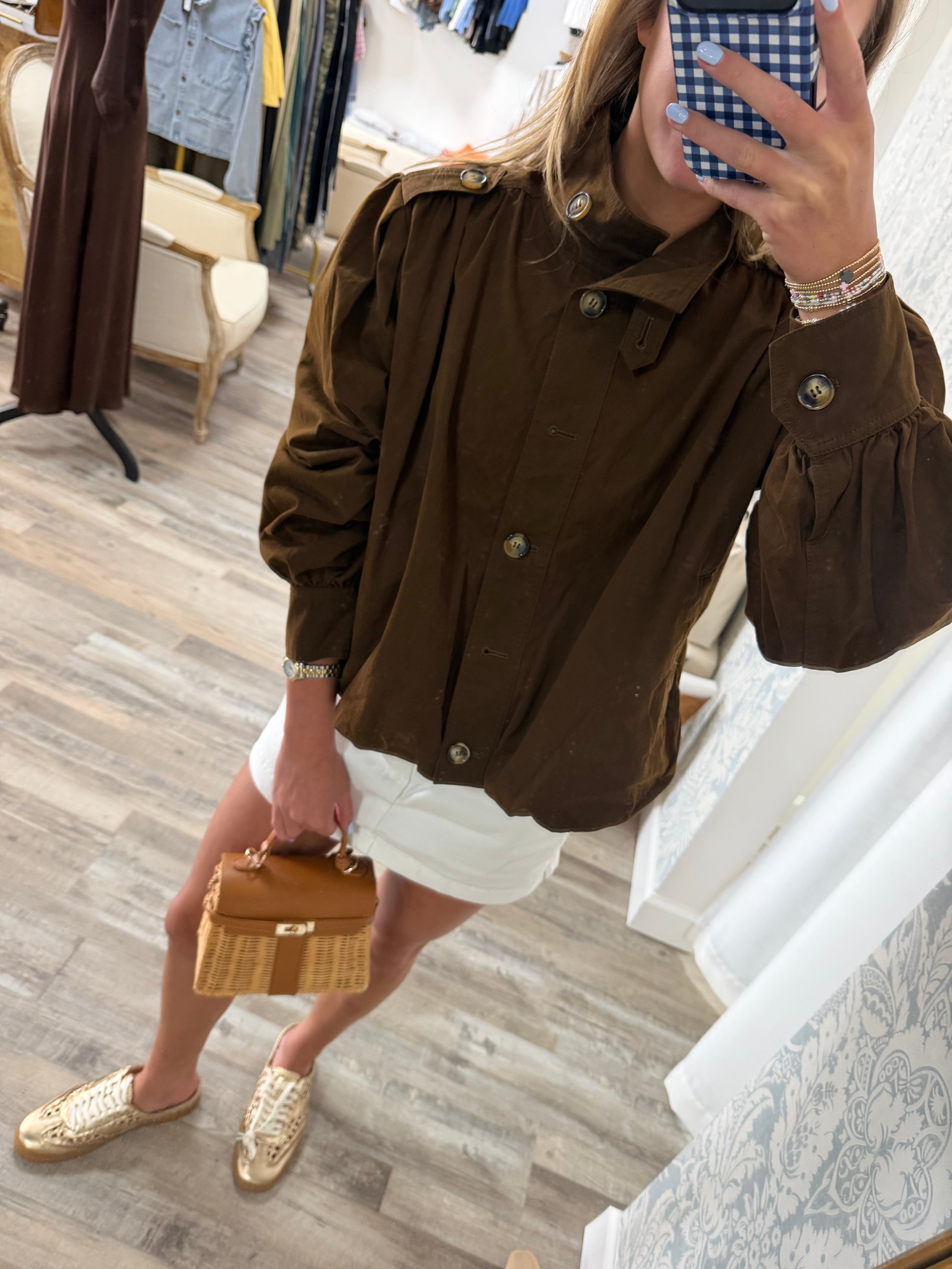 Dark Brown Gathered Hem Bomber Jacket