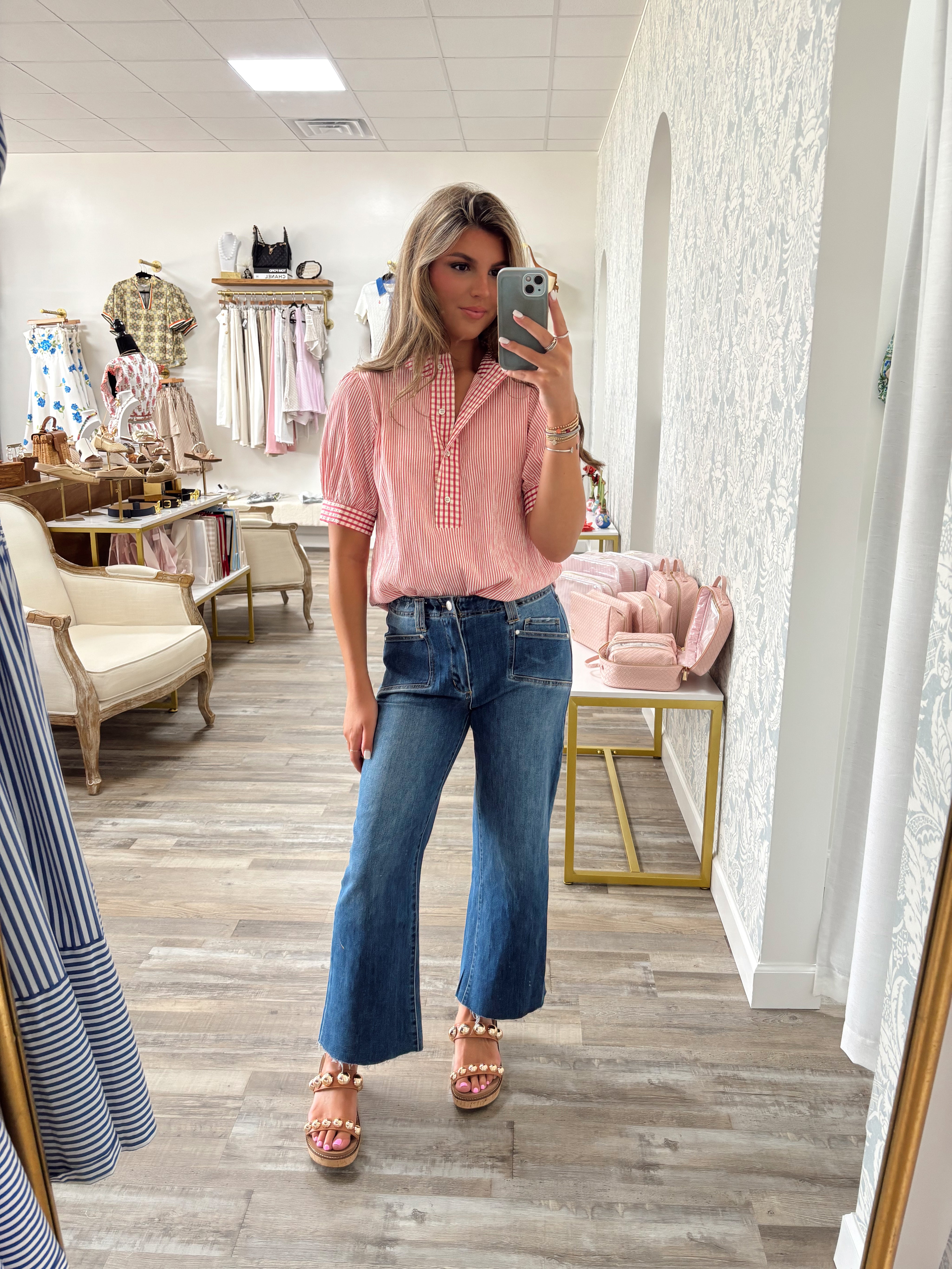Pink stripe gingham trim top
