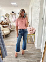 Pink stripe gingham trim top