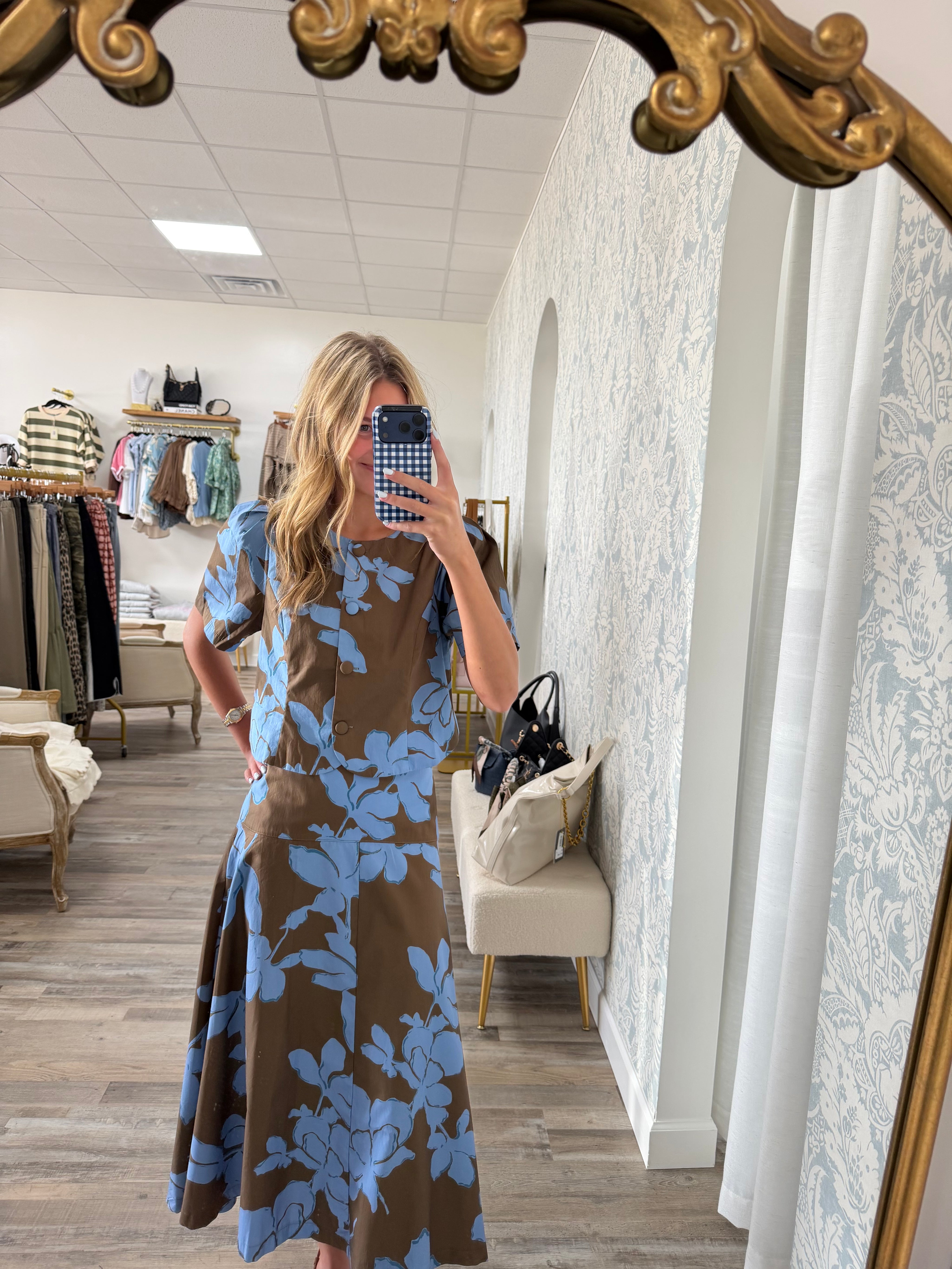 Blue and mocha floral top