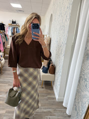 Ecru/blue plaid midi skirt