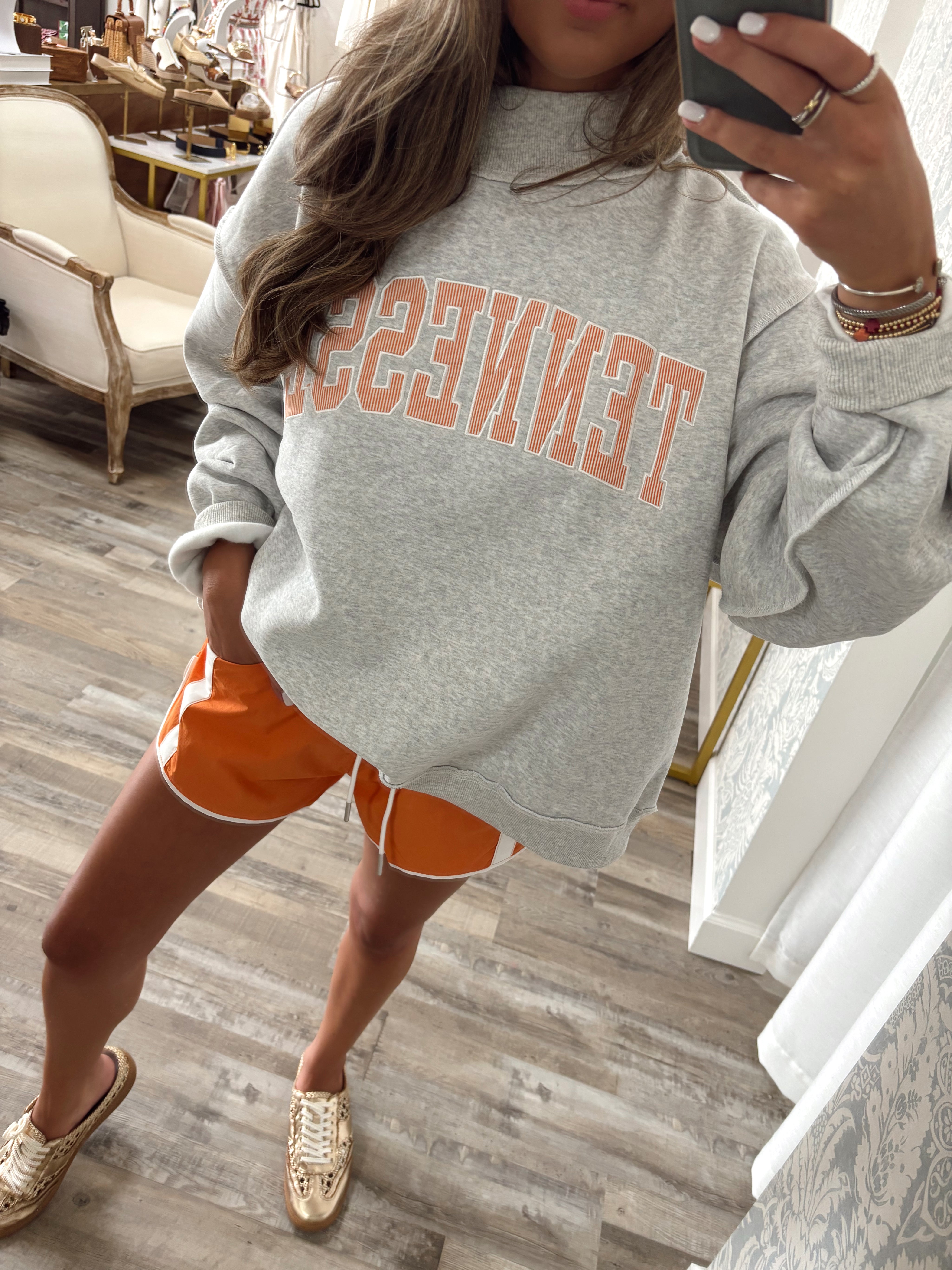 Heather grey Tennessee stripe embroidery mock neck sweatshirt