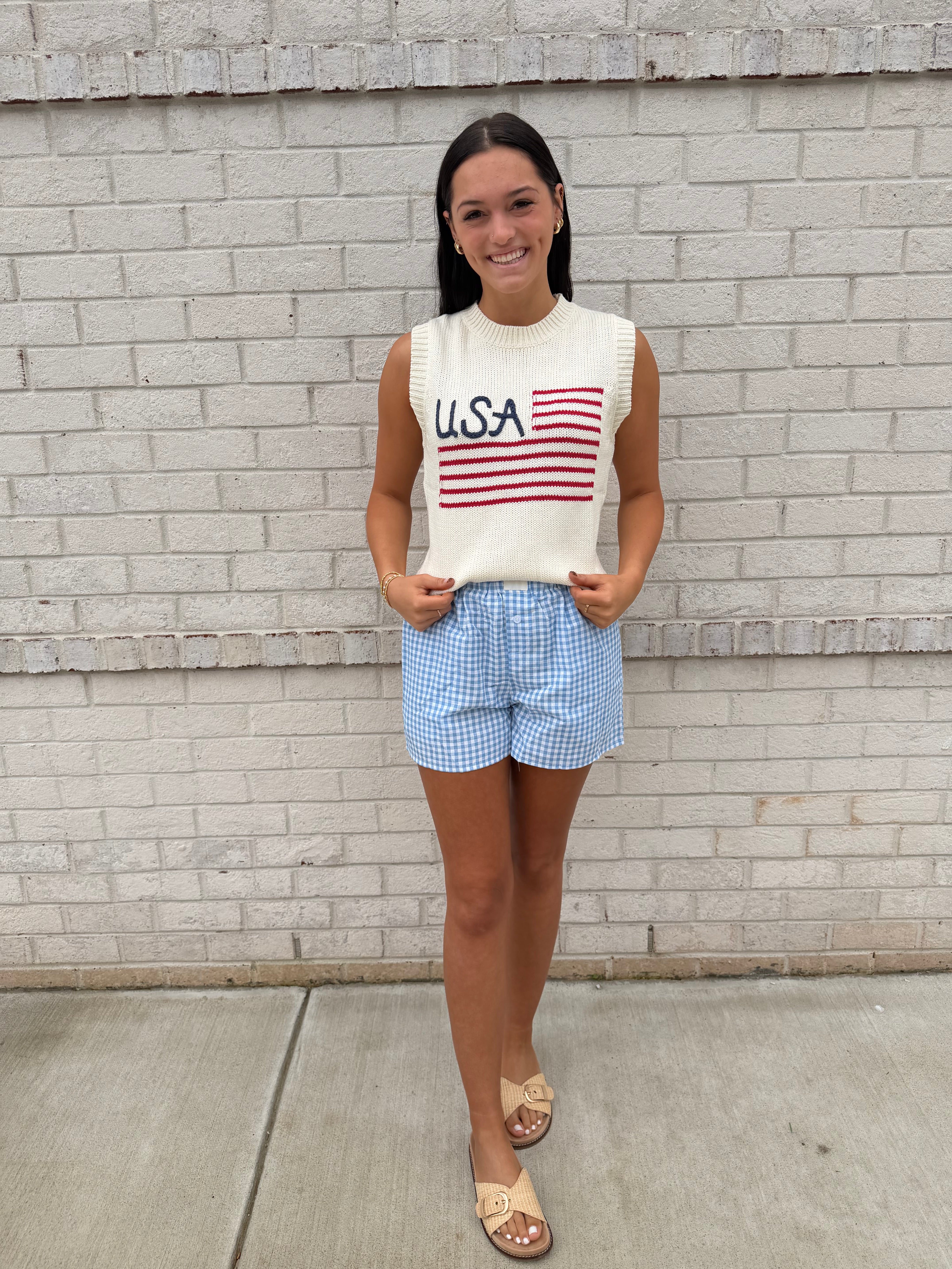Gingham Print Shorts High Waist Elastic Casual Summer