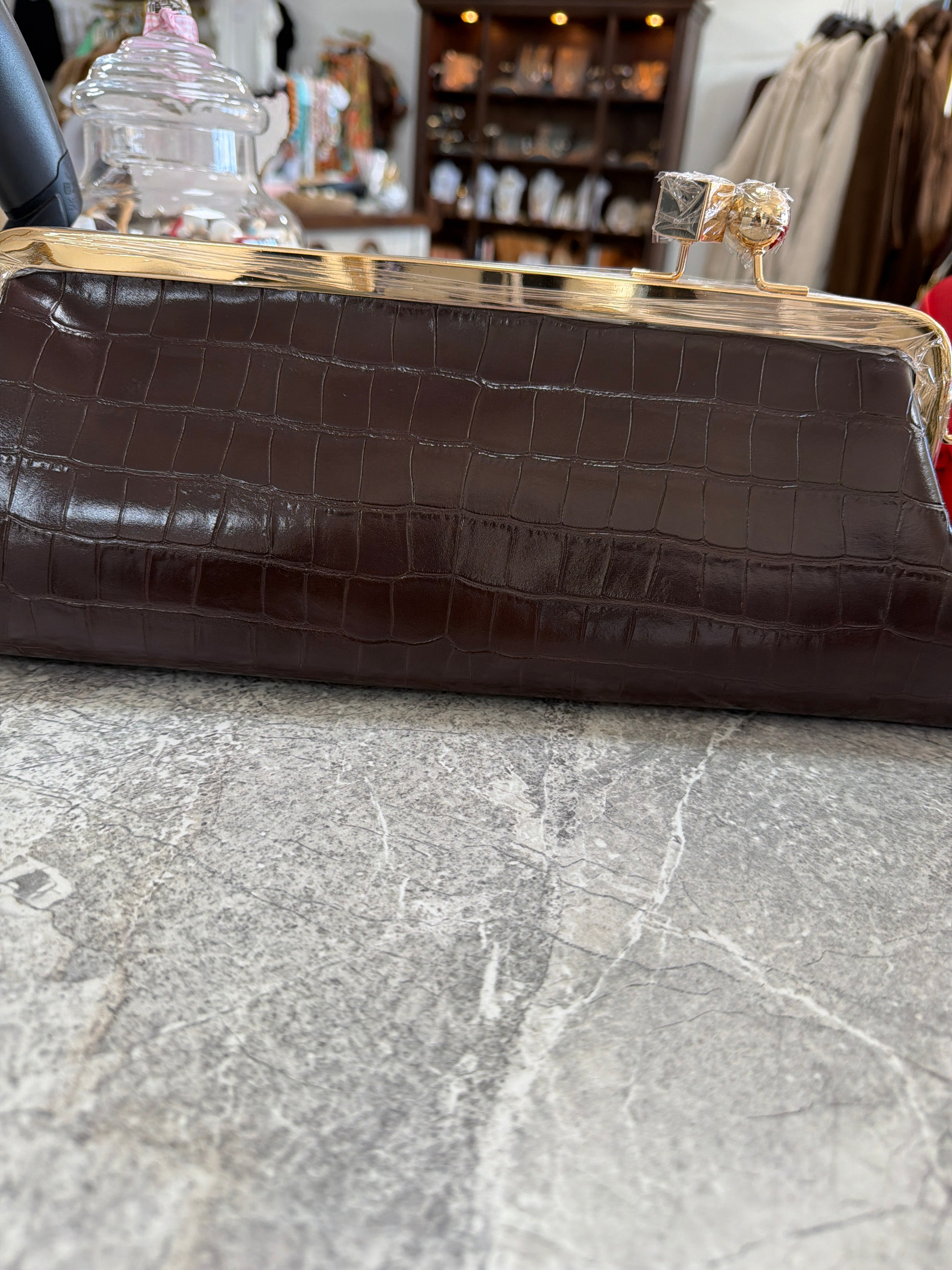 Trapezoid Kiss Lock Crock Clutch Bag