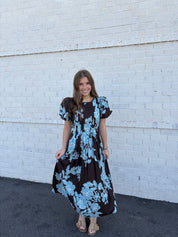 Chocolate & Blue Floral Pintuck Midi Dress