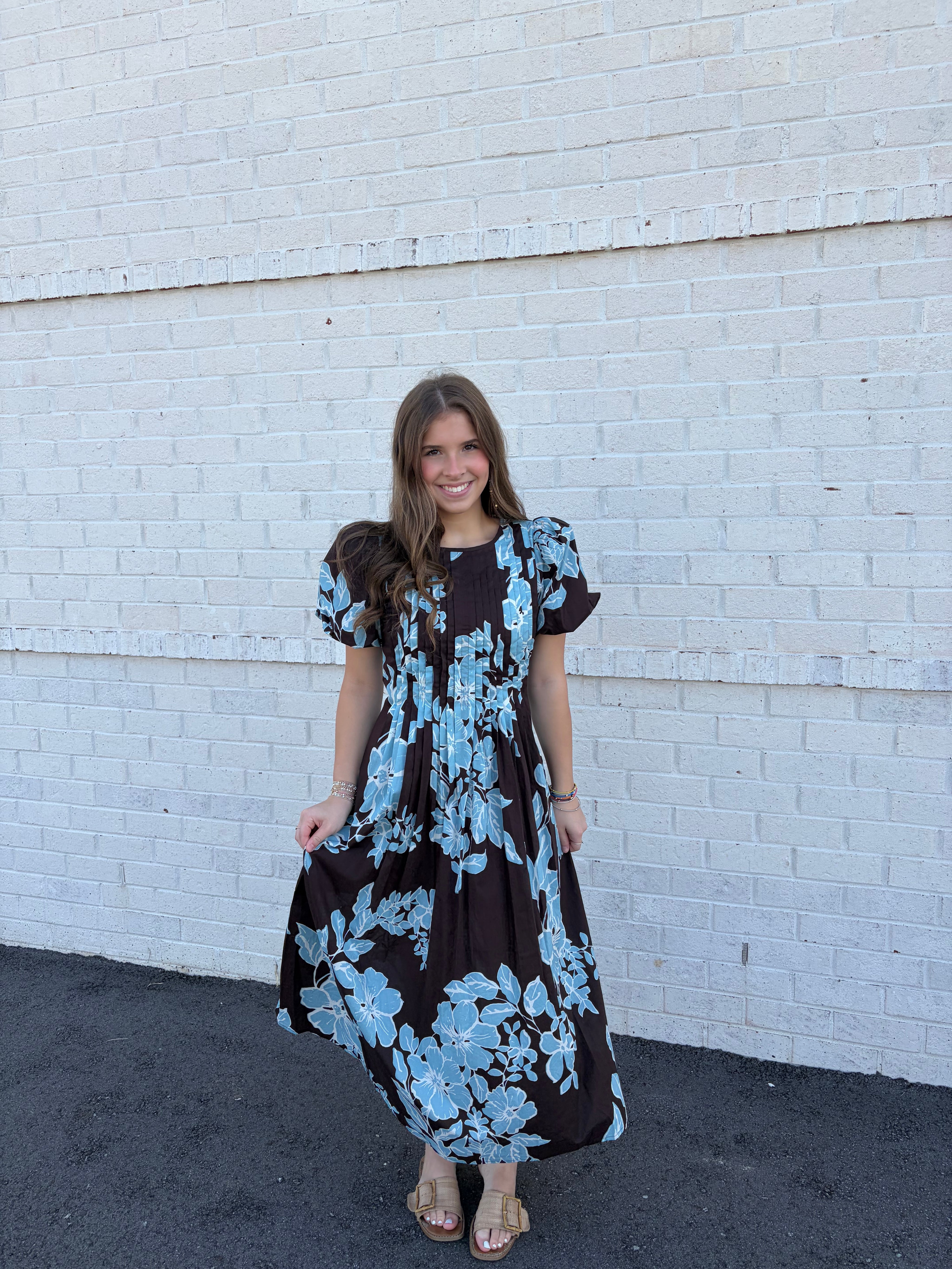 Chocolate & Blue Floral Pintuck Midi Dress
