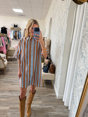 Bold stripe mini shirt dress