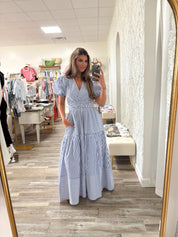 Blue/White Stripe Tiered Maxi Dress