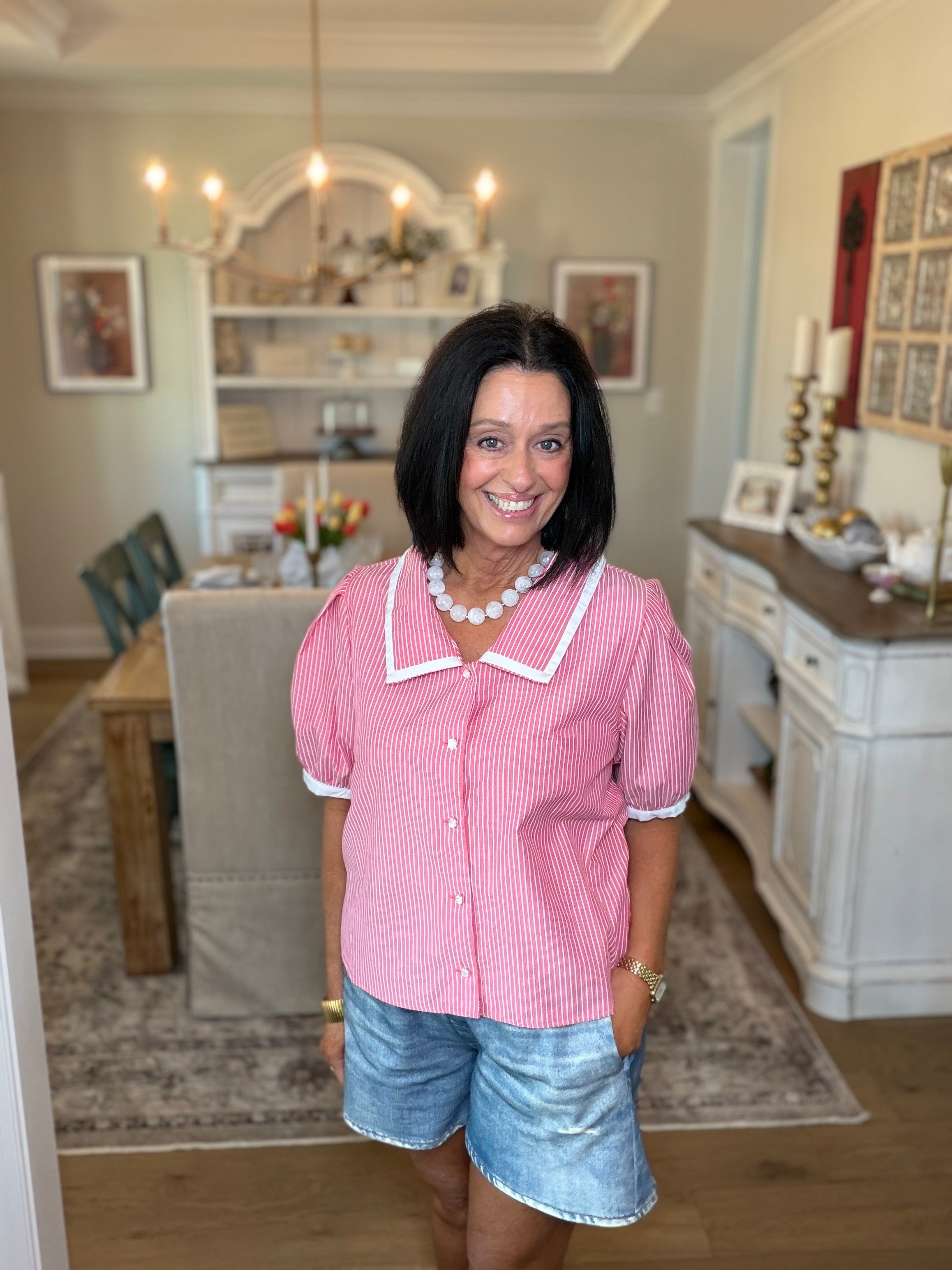 Red stripe button down Peter Pan collar top