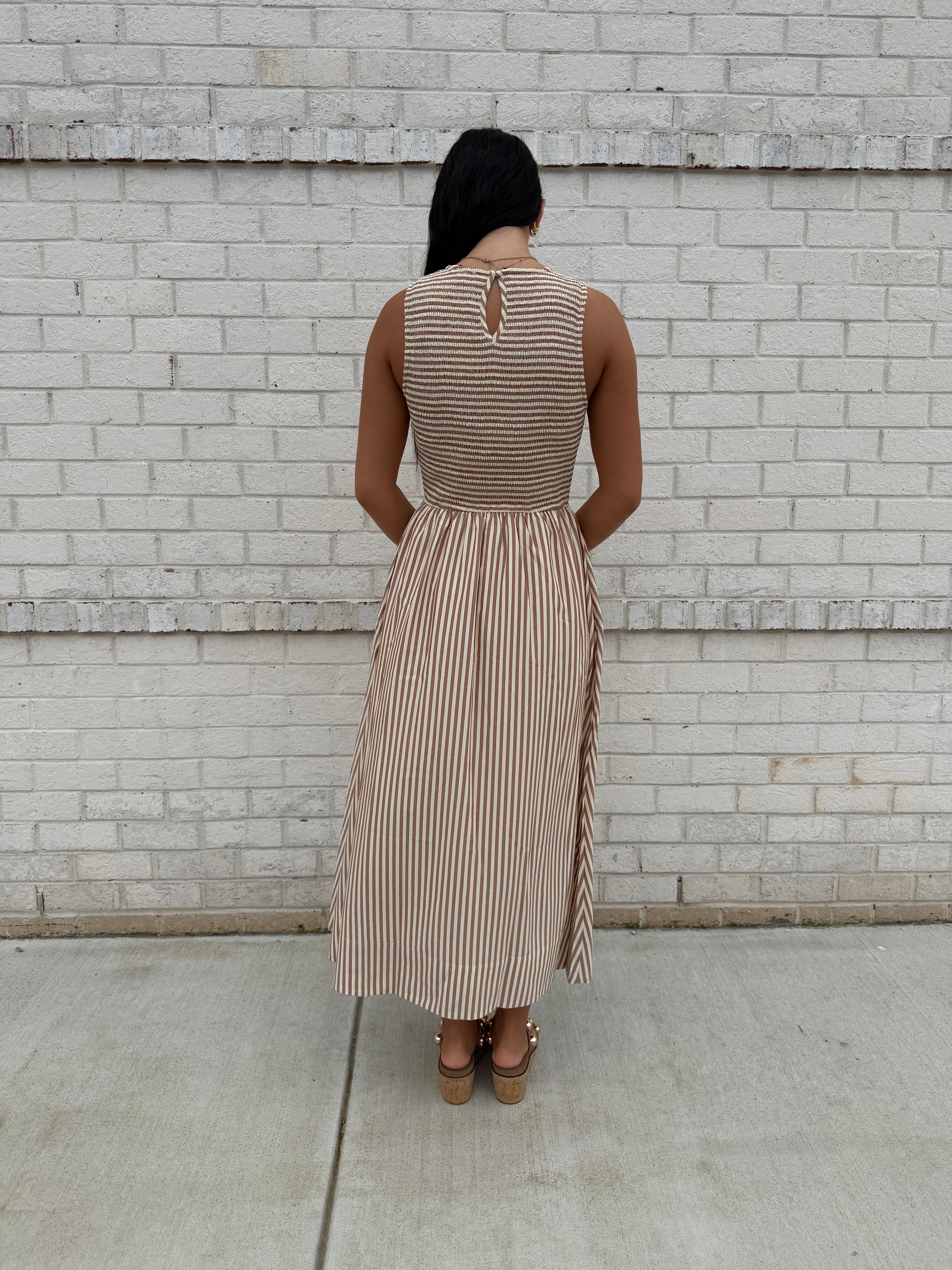 Cream/brown stripe sleeveless dress