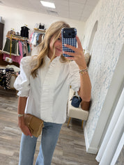 Karlie white poplin puff sleeve ruffle top