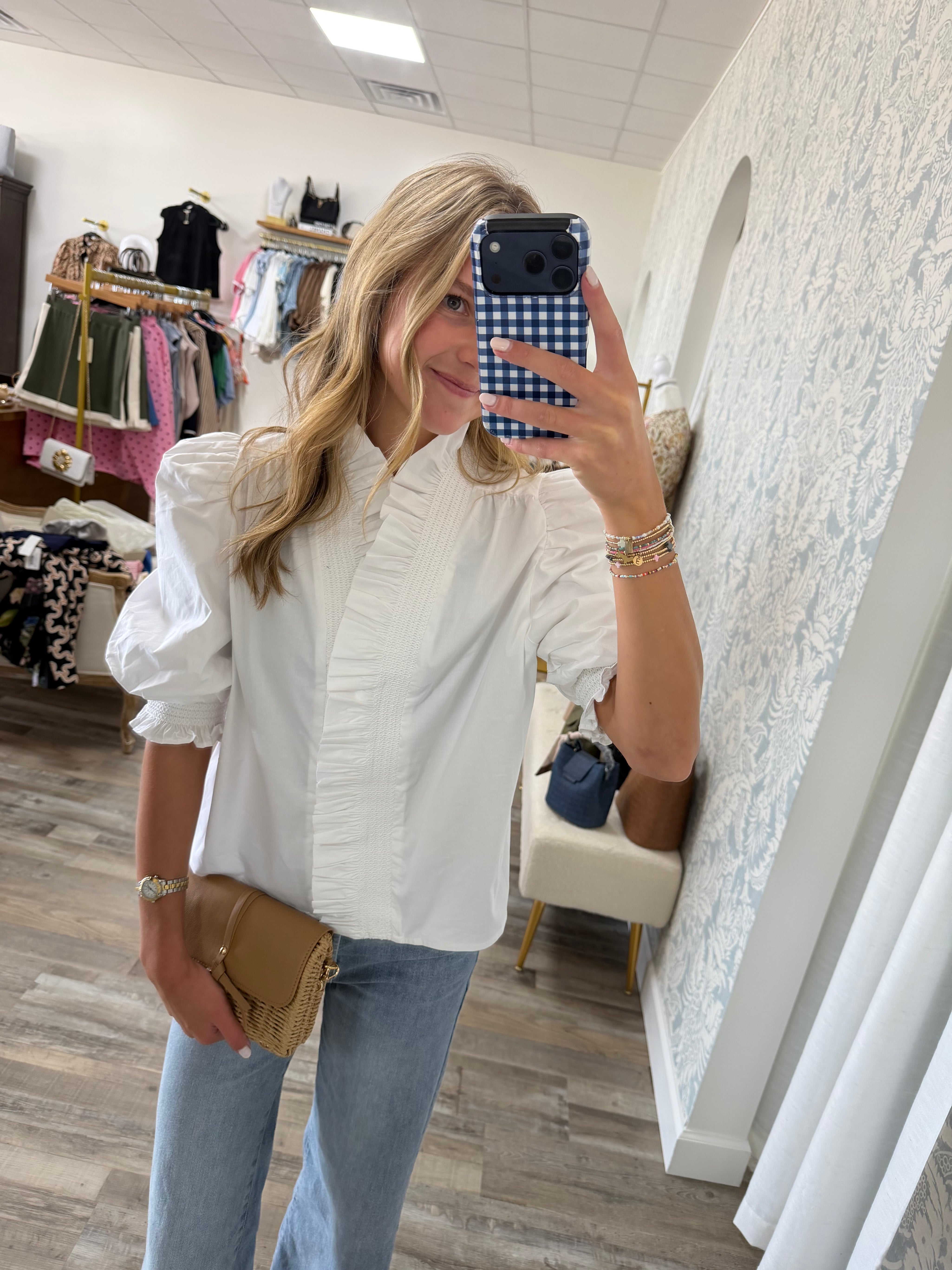 Karlie white poplin puff sleeve ruffle top