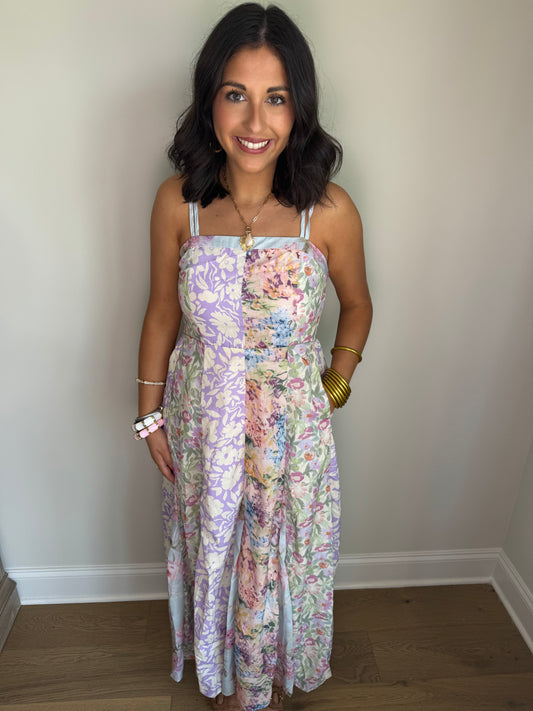 Garden Party Patchwork Floral Maxi Dress with Spaghetti Straps