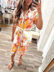 Botanic scarf print self tie waist button down dress
