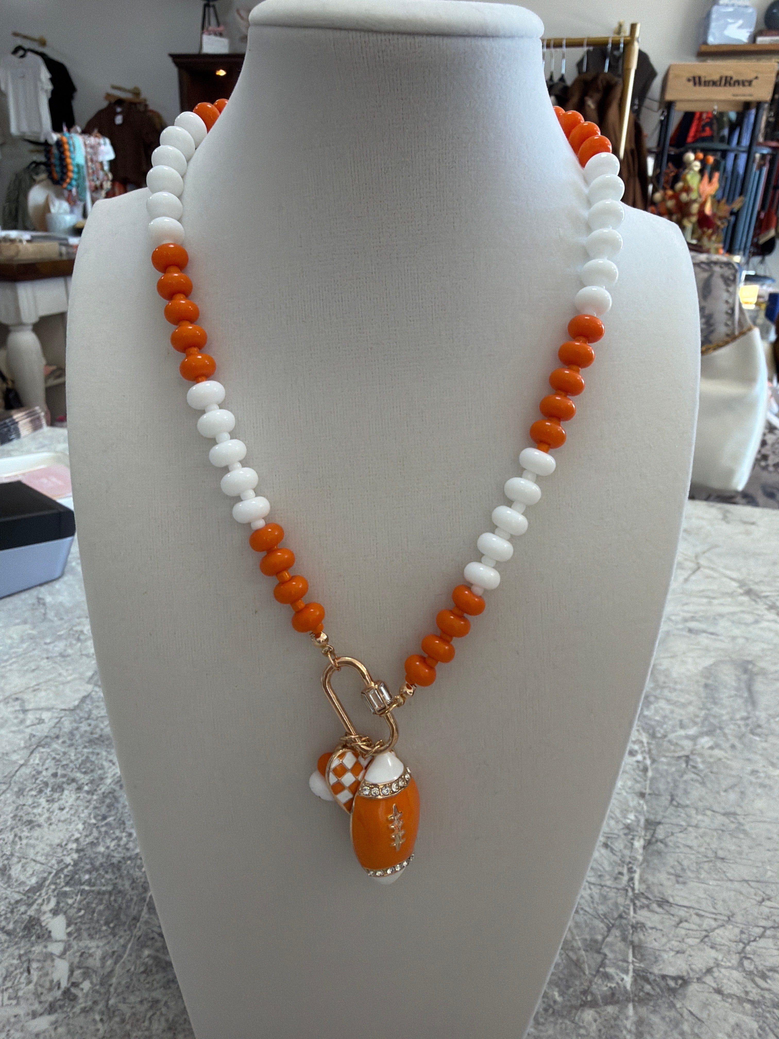 Football & Heart Charm Beaded Necklace