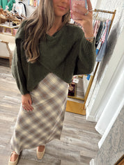 Ecru/blue plaid midi skirt