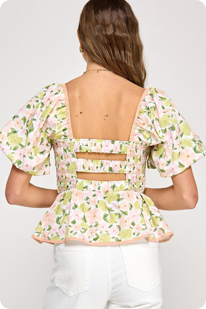 Coral Floral Print Smocking Top