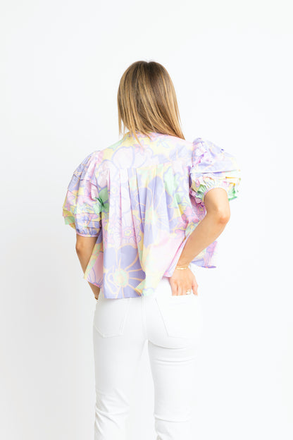 Karlie Lavender Floral Pleat Sleeve Top