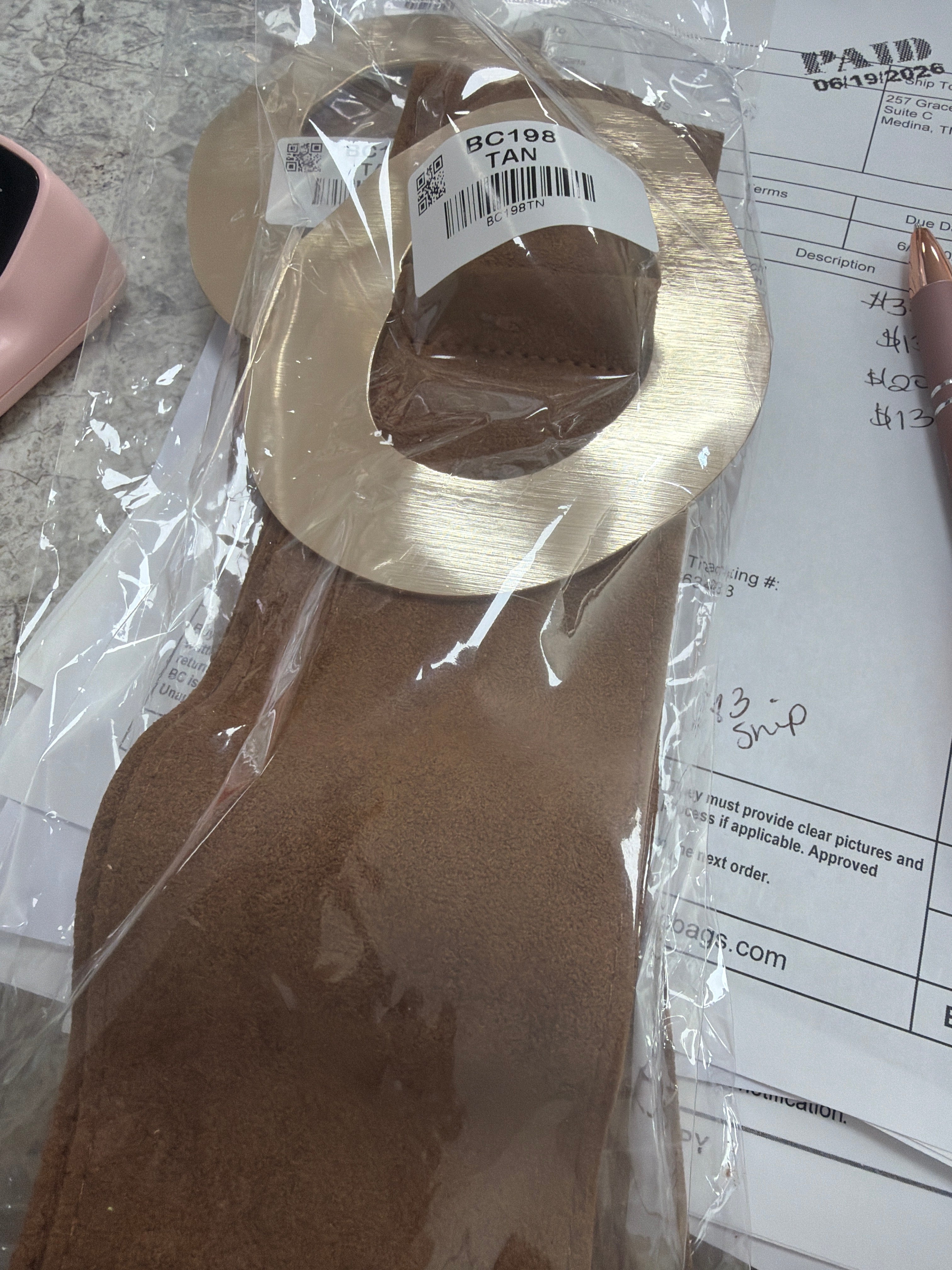 Tan suede like belt large gold buckle