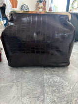 Large Vegan Leather Chocolate Croc-Embossed Kiss-Lock Clutch purse