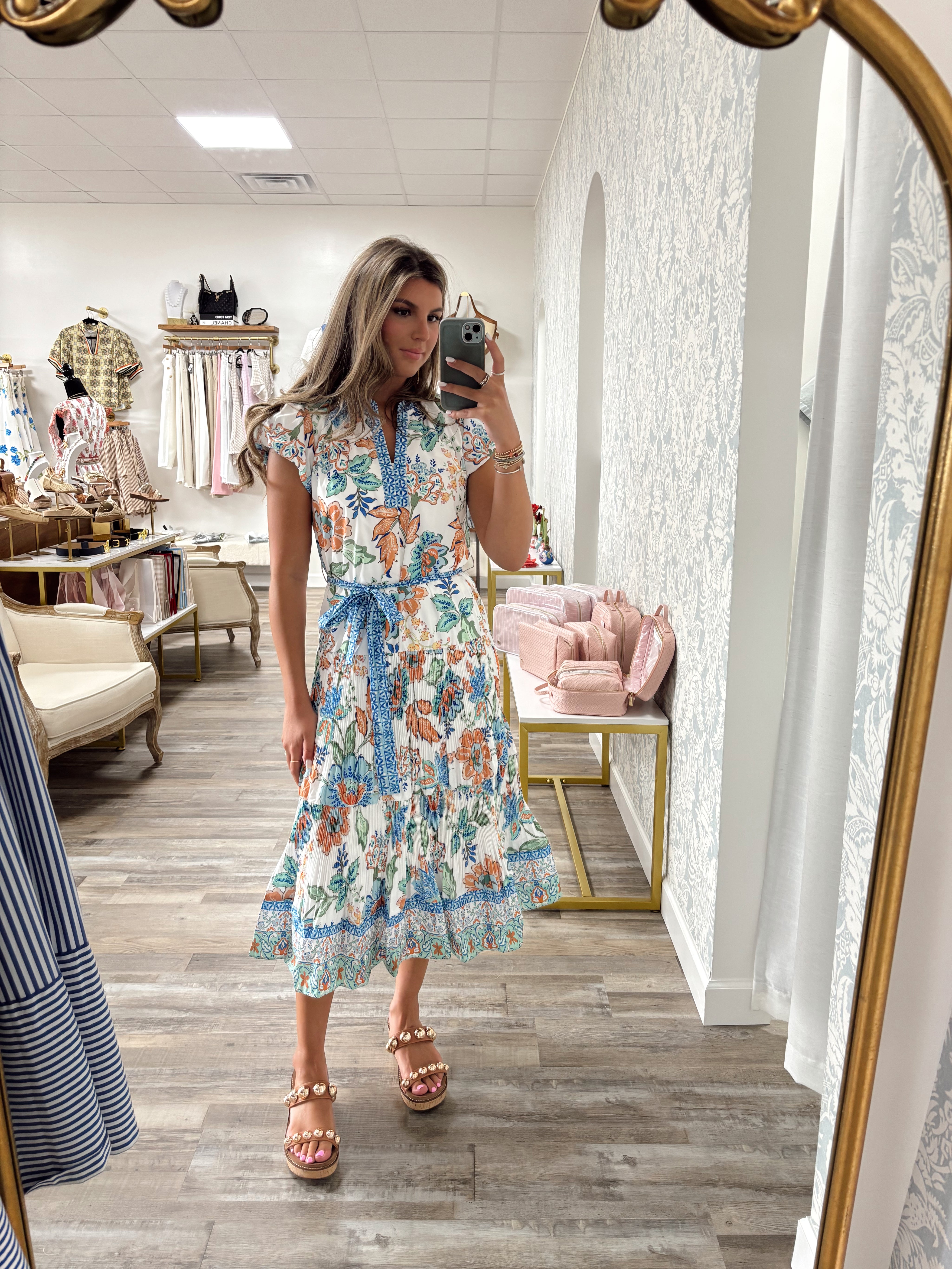 Floral midi pleated tiered dress