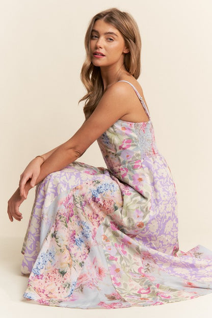 Garden Party Patchwork Floral Maxi Dress with Spaghetti Straps