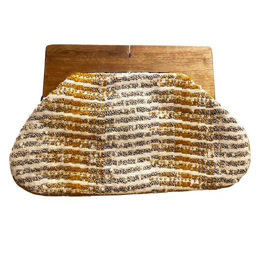 Beaded Gold Silver Clutch with Wooden Handle