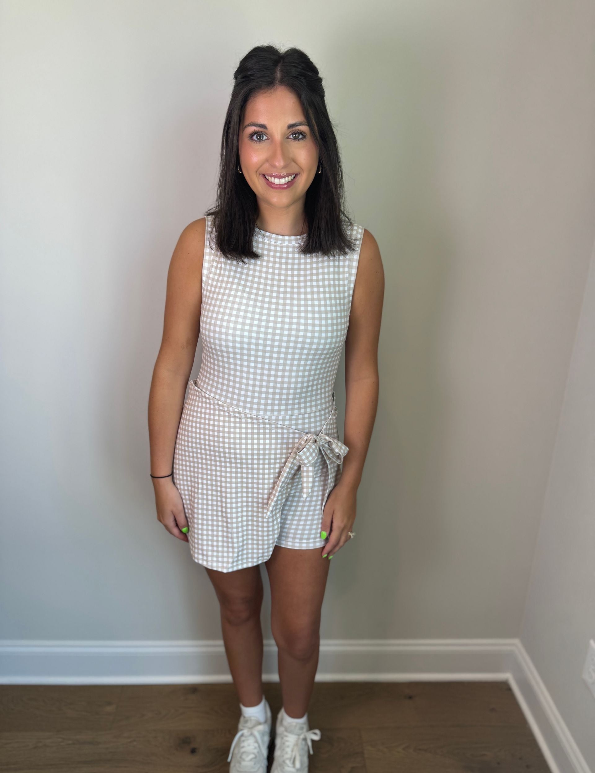 Beige Gingham Sleeveless Wrap Tie Front Dress