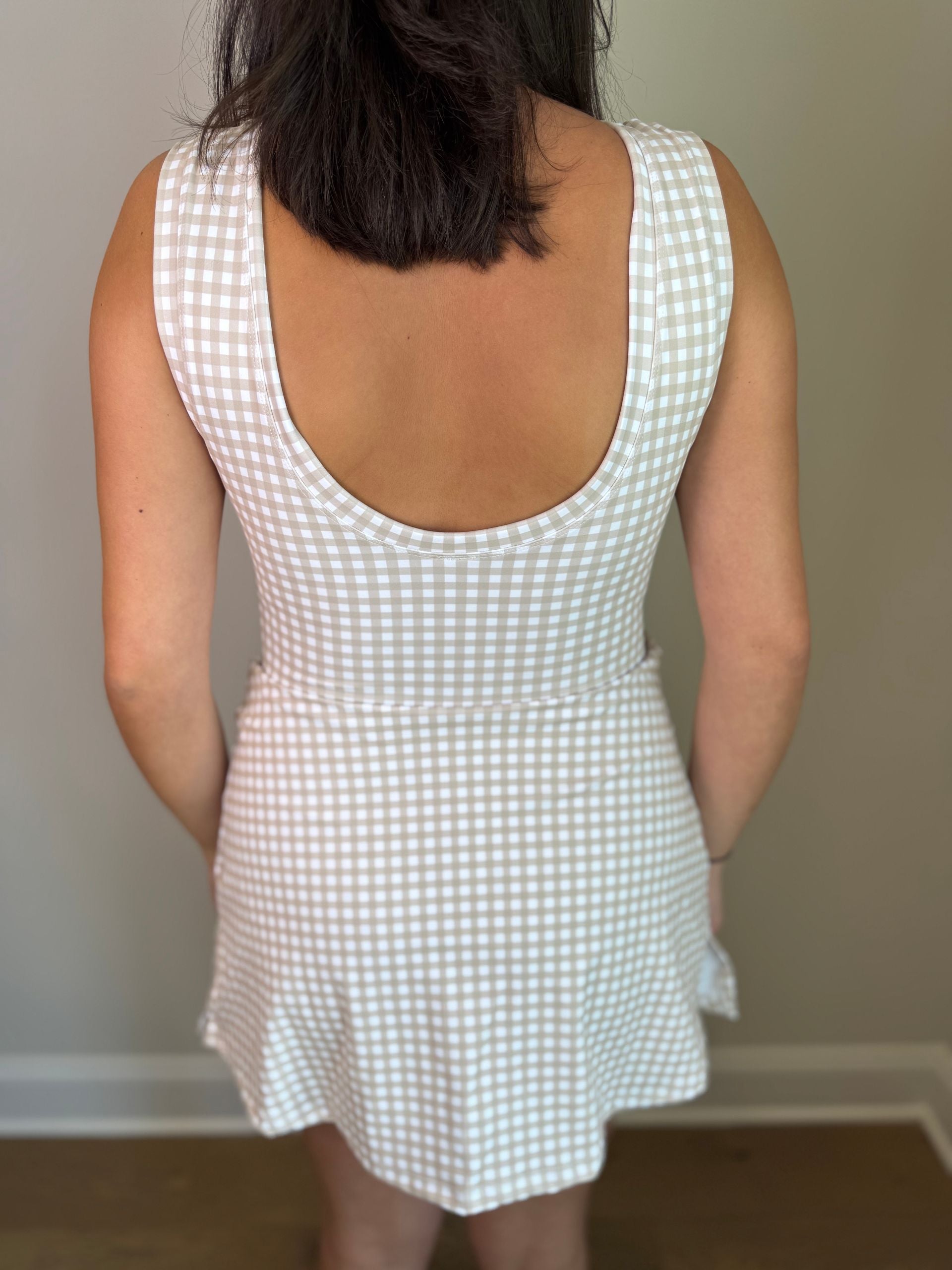 Beige Gingham Sleeveless Wrap Tie Front Dress