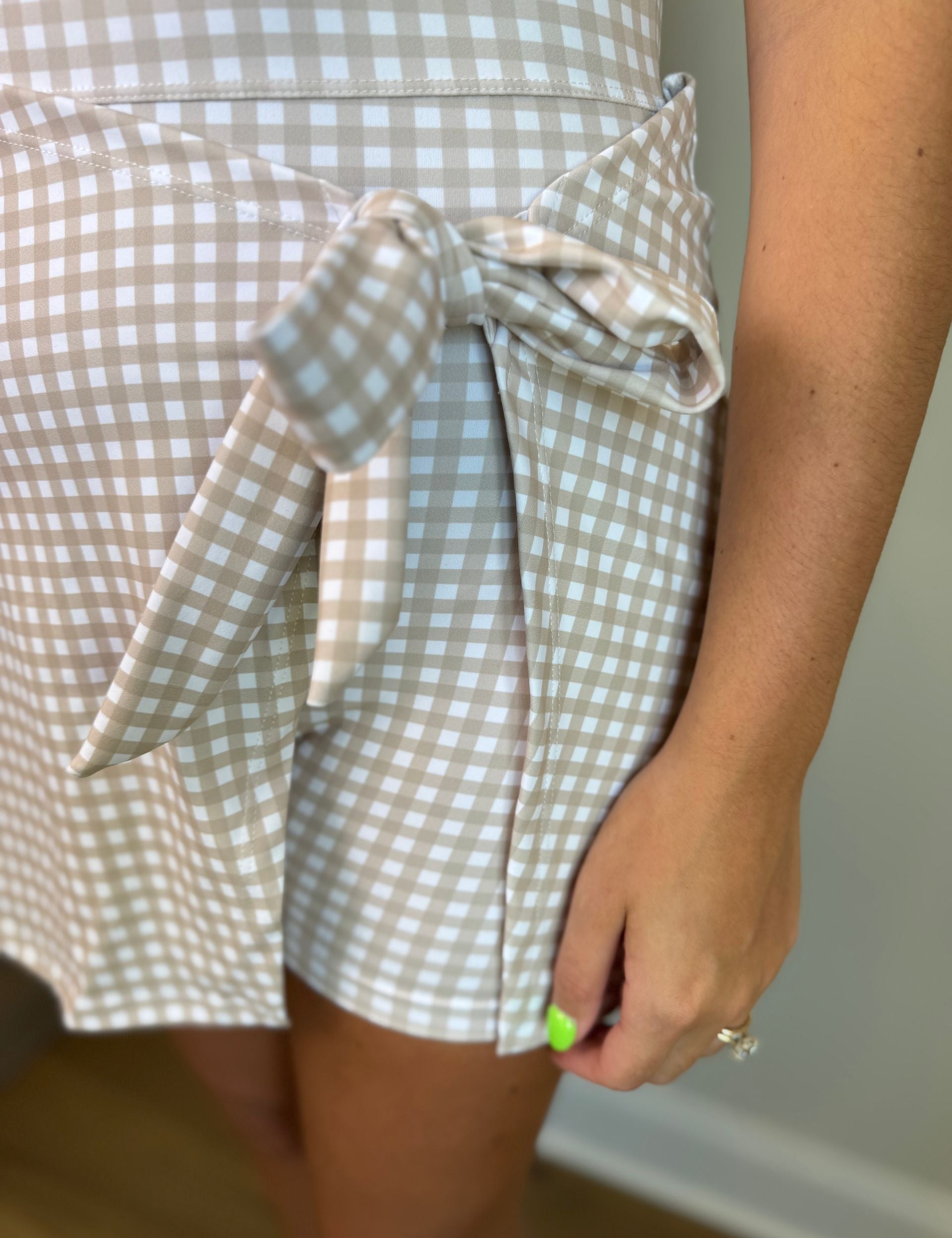 Beige Gingham Sleeveless Wrap Tie Front Dress