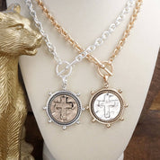 Cross Coin Chain Necklace with Front Toggle Closure – Silver or Gold Tone