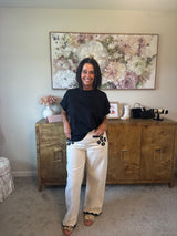 Ecru/Black Contrasting Embroidery Pants