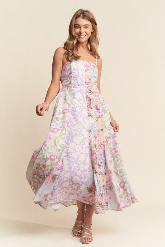 Garden Party Patchwork Floral Maxi Dress with Spaghetti Straps