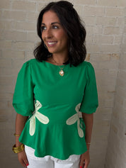 Green Flower Detail Peplum Top