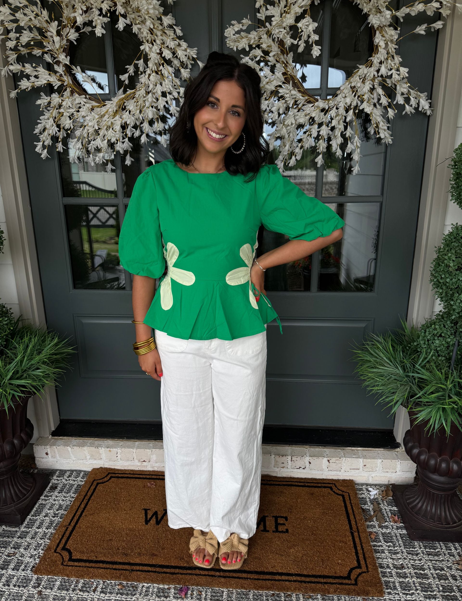 Green Flower Detail Peplum Top