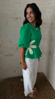 Green Flower Detail Peplum Top
