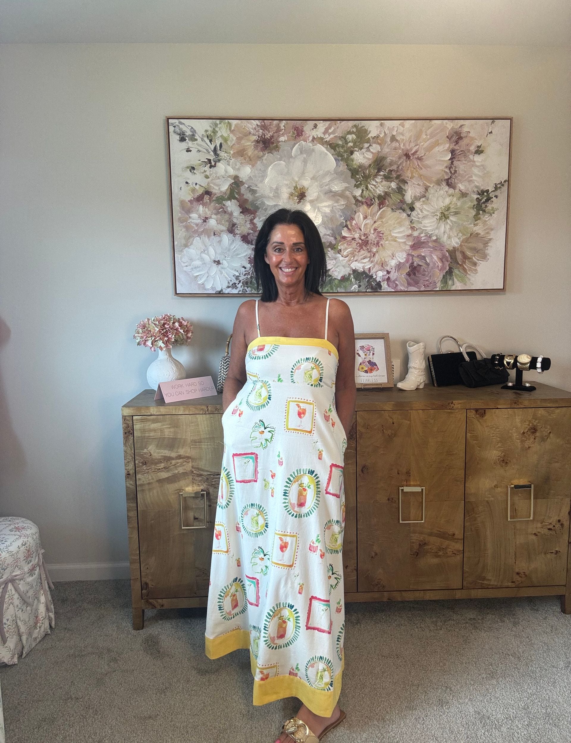 Happy Hour Print Spaghetti Strap Midi Dress