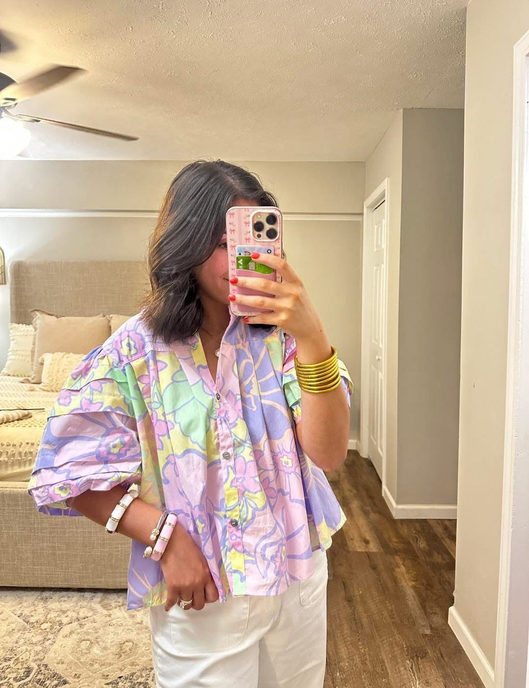 Karlie Lavender Floral Pleat Sleeve Top