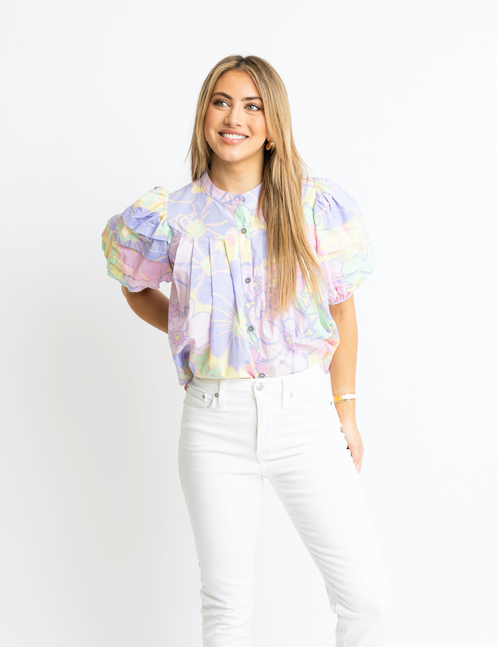 Karlie Lavender Floral Pleat Sleeve Top