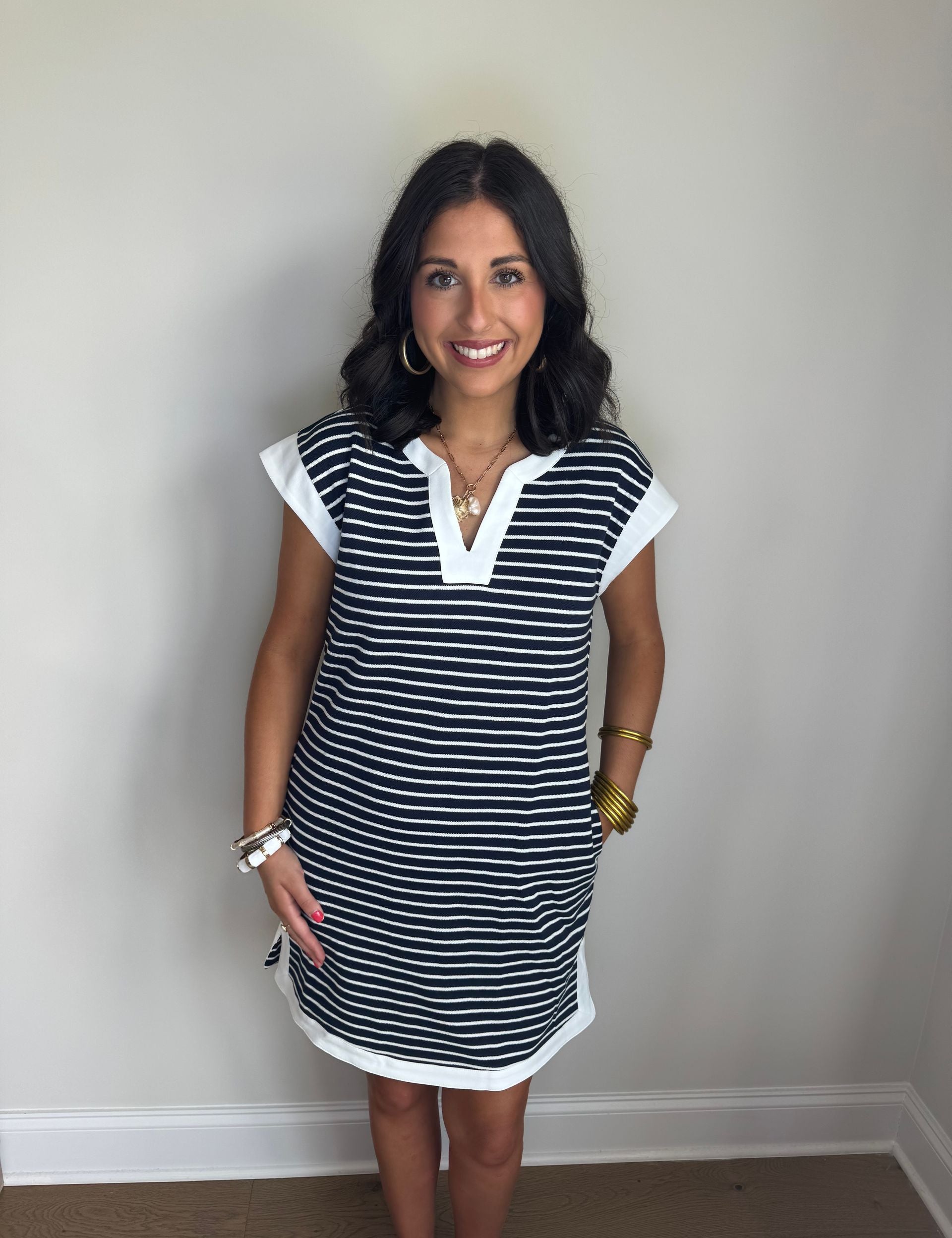 White Striped Dress With Pockets