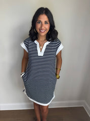Navy/White Striped Dress With Pockets