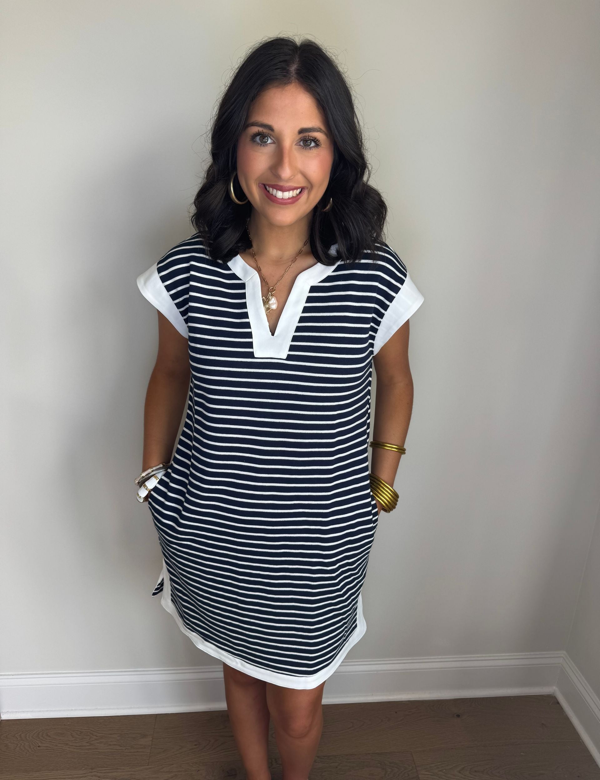 White Striped Dress With Pockets