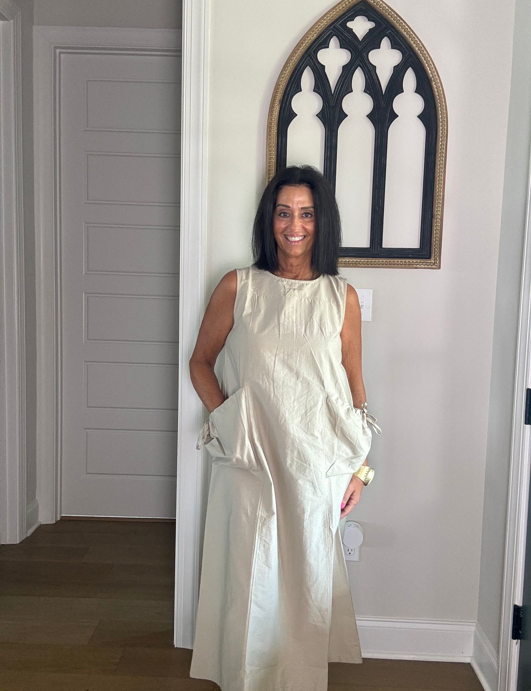 Phoebe Pocket Tie Sleeveless Midi Dress Sand Color