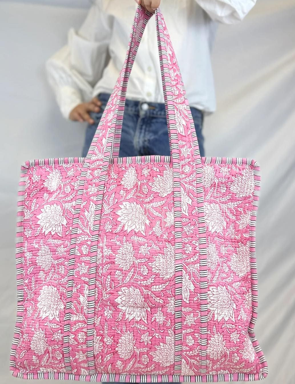 Pink Garden Block Print Quilted Tote Bag