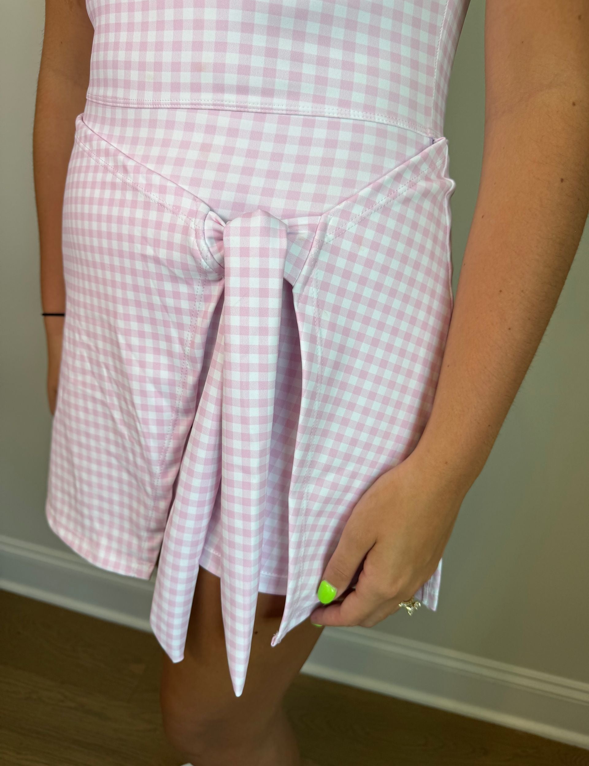 Pink Gingham Sleeveless Wrap Tie Front Dress